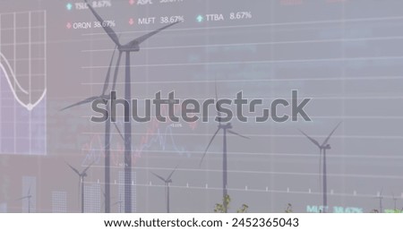 Image of graphs, trading boards and loading circles, windmill on green field against clear sky. Digital composite, multiple exposure, report, business, stock market, progress, sustainable energy.