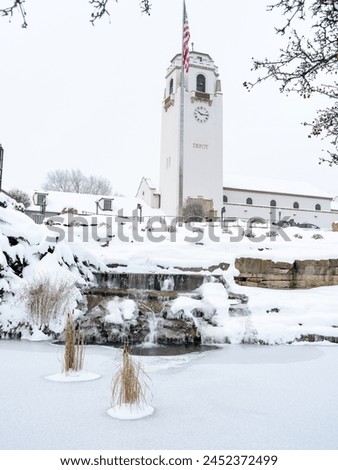 Snow and ice covered pond at the Boise Depot in winter