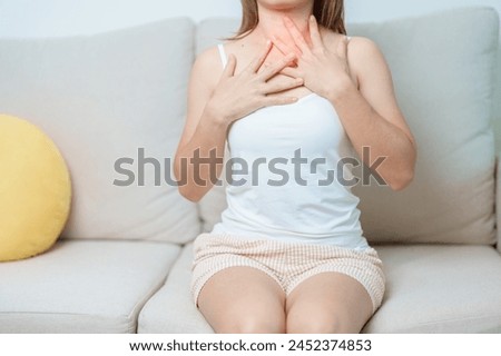 Gastroesophageal Reflux Disease or GERD, Acid reflux disease, Gastro Oesophageal or GORD and Dyspepsia concept. woman having Stomach ache and Esophageal pain due to Digestion system problem Royalty-Free Stock Photo #2452374853