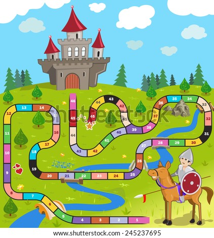 Funny Vector Illustration: a Board Game with Warrior on the Horse near the Castle. EPS8. Funny Cartoon Knight in the Field