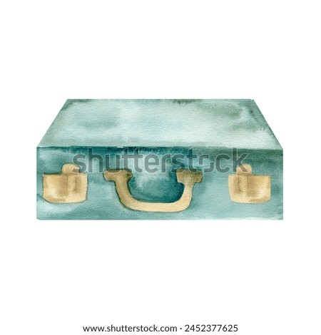 Retro green travelling suitcase watercolor illustrtion .Hand drawn vintage bag, luggage for summer trip, voyage. Clip art for tourist booklet, agency label, logo design