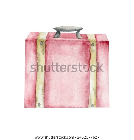 Retro pale pink travelling suitcase watercolor illustrtion .Hand drawn vintage bag, luggage for summer trip, voyage. Clip art for tourist booklet, agency label, logo design. 