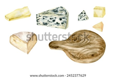 Cheese plate with single cheese pieces watercolro set. Dairy healthy food illustration with blue cheese, cheddar, camembert and round wooden plate. CLip art for product packing, diet book design