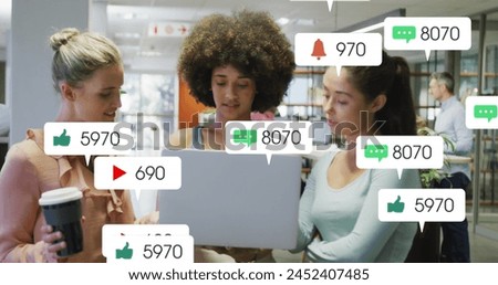 Image of social media data processing over diverse business people in office. Global business, finances, computing and data processing concept digitally generated image.