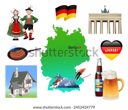 Germany. Outline of the country, architecture and national clothing. Set of clip arts vector illustration