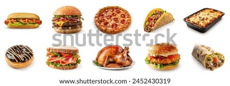 Assortment of different many fast food set, collection on white background. French fries, lasagna, hamburger, taco, hotdog, pizza, fried chicken, chicken nuggets, sandwich, donut, burrito, turkey.