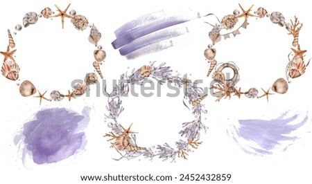 Set Frames wreaths on Marine theme. Shells, Corals, Starfish, Anchor, Algae. Watercolor illustration. For fabric, textiles, clothing beach, summer accessories, business cards, logo travel agencies