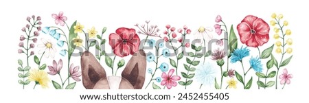 Flower border printable clip art hand drawn with watercolor. Isolated on white. Cute childish illustration with summer flowers and dog ears. For cards, invitations, posters, scrapbook and so on
