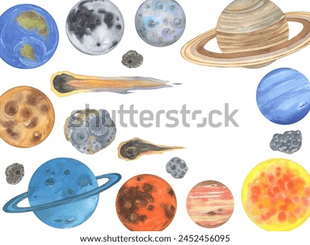 hand painted Solar system, watercolor planets, isolated white background, hand drawing asteroids, space illustration