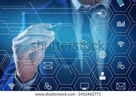 Digital marketing. Businessman touching virtual screen with scheme, closeup
