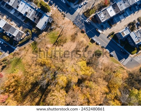 Aerial top down of suburban multifamily homes in suburban Ardmore Philadelphia Pennsylvania USA