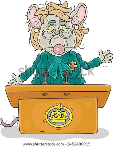 Old mangy nasty rat official in a business suit giving its very important public speech on a rostrum with microphones at a meeting or conference, vector cartoon illustration on white Royalty-Free Stock Photo #2452480915