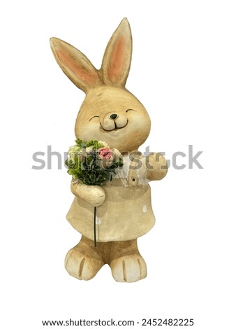 Easter background with a little cute ceramic bunny figurine on white. ceramic cartoon animal figurines for garden decoration, A statue of a rabbit holding bouquet of flowers ,
