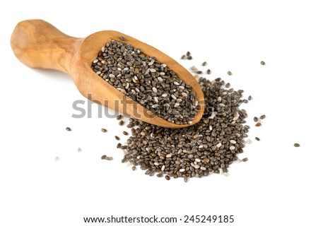 chia seeds in a wooden scoop isolated on white Royalty-Free Stock Photo #245249185