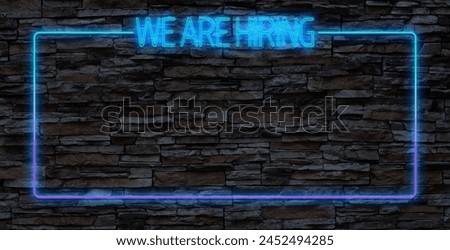 Recruitment agency neon invitation. Work greeting card. Empty purple frame and we are hiring text. Space for text. HR design. Job searching. Glowing flyer. Editable stroke. Vector stock illustration