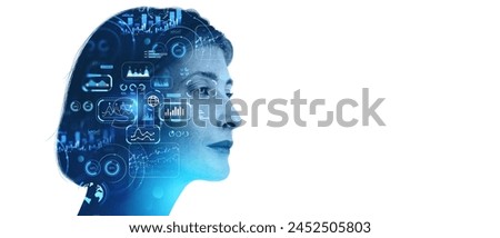 Profile of a woman overlaid with business charts and graphs, representing a concept of analysis or strategy on a light background