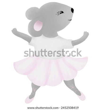 Mouse cartoon watercolor. Hand drawn cute animal in a pink skirt. Clip art of a ballerina rat on an isolated white background. For children's cards and educational cards, posters and stickers