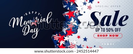 Memorial Day Sale Illustration with Flying Flag Pattern Stars in Patriotic Soldier Silhouette on Light Background. Vector American USA National Celebration Design with Typography Lettering for Coupon