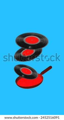 Creative designing surreal style with frying pan and vinyl records on blue background. Creative process of music creation. Contemporary artwork. Concept of surrealism, pop art, creativity, imagination