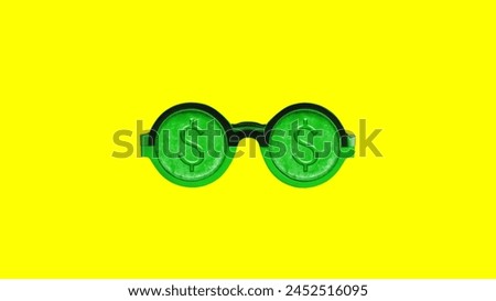 Pair of eyeglasses with dollar sign on yellow bright background. Contemporary art collage. Financial services, investment, financial literacy. Concept of surrealism, pop art, creativity, imagination.