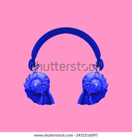 Creative image of headphones with seashells on pink background. Contemporary art collage. Summer vibe, music streaming services, meditation. Concept of surrealism, pop art, creativity, imagination.