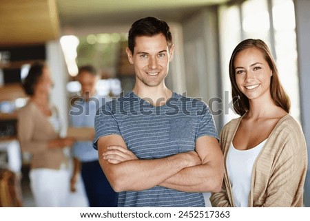 Portrait, business people and teamwork in a modern office, startup and coworkers with confidence. Cooperation, partnership and man with woman and collaboration with pride and ambition with company Royalty-Free Stock Photo #2452517363
