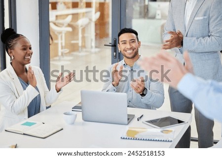 Business people, meeting and applause with presentation and congratulations, praise and pride in team. Corporate group, collaboration or partnership with clapping hands for bonus, support and success Royalty-Free Stock Photo #2452518153