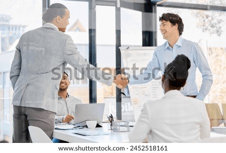 Business people, meeting and handshake with presentation and congratulations, praise and pride in team. Corporate group, collaboration or partnership with shaking hands for bonus, support and success Royalty-Free Stock Photo #2452518161