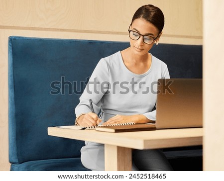 Writing, laptop or businesswoman with notebook or schedule for daily routine, checklist with ideas. Agenda, organise and to do list in cafe with notepad, page and book for planning to write article Royalty-Free Stock Photo #2452518465