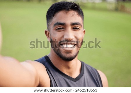Sports, exercise and selfie of man on field outdoor for soccer or football practice in summer. Happy, athlete and post profile picture on social media with healthy workout or fitness in nature
