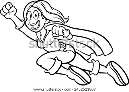 Flying cartoon super mom with cape clip art coloring page for kids