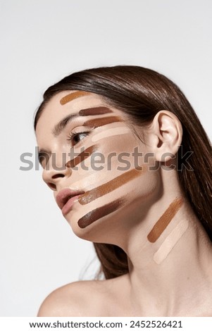 Pretty young woman showcasing beauty products like foundation.