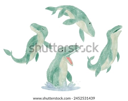 Mosasaurus . Cute dinosaur cartoon characters . Watercolor paint design . Set 8 of 20 . Vector .