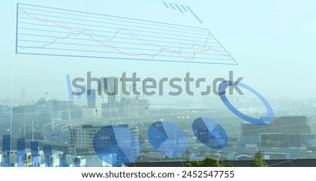 Image of financial data processing over cityscape. Global finance, business, connections, computing and data processing concept digitally generated image.