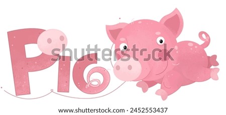 cartoon scene with happy little pig farm animal theme with name template isolated background illustration for kids