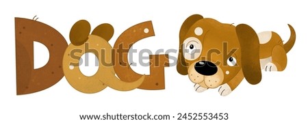cartoon scene with happy and cute dog smiling farm animal theme with name template  isolated background illustration for kids