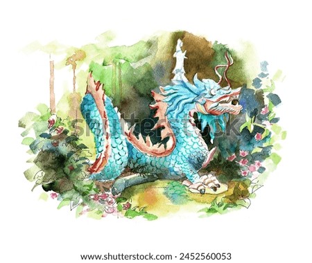 Illustration, blue dragon in watercolor, East, Vietnam, Buddhist, sculpture, mythical, bright, turquoise, fire breathing, mythical creature, lizard, forest, trees, pond, park