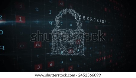 Digital image of a padlock made of light and a grid filled with codes