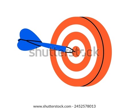 Hand drawn cute illustration of dart hit center of target. Flat vector hit the bull's eye in doodle style. Successful business strategy icon. Goal achievement. Find problem solution. Isolated on white
