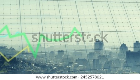 Image of financial data processing over cityscape. Global finance, business, connections, computing and data processing concept digitally generated image.