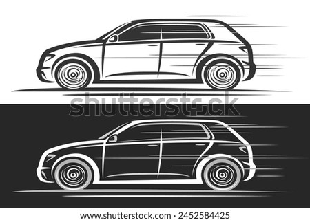 Vector logo for Hatchback Car, automotive decorative banners with simple contour illustration of monochrome modern car in moving, elegant clip art of running hatchback on black and white background