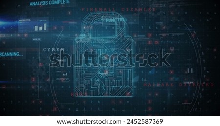 Digital image of a circuit board shaped into a padlock and codes in the background