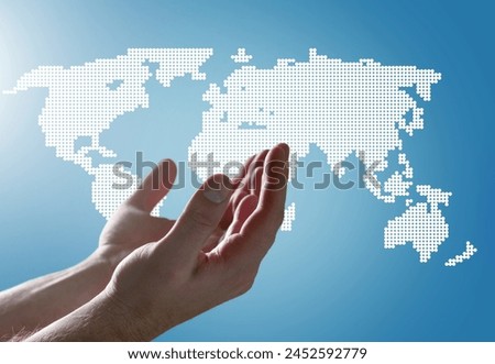 Christian praying hands for global mission at world map background