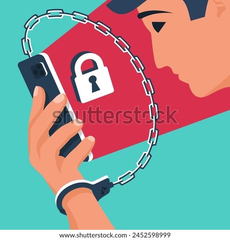 Internet addiction. Hand in handcuff with chain holds smartphone. Nomophobia concept. Digital dependence. Digital detox. The habit of using social networks and media. Vector illustration flat design. Royalty-Free Stock Photo #2452598999