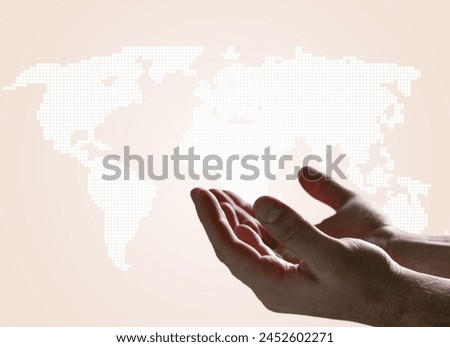 Christian praying hands for global mission at world map background