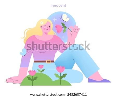 Innocent Archetype illustration. A serene woman amidst nature, embodying purity and optimism. Simplistic and tranquil vector design. Royalty-Free Stock Photo #2452607411