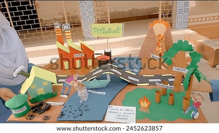 In this object a road is shown and a factory is built and a house near it is showing how we can reduce the pollution around us.This object is built on top of pollution.  It has been designed keeping i