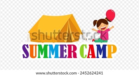 Vector illustration of summer camp text with a tent and girl on transparent background
