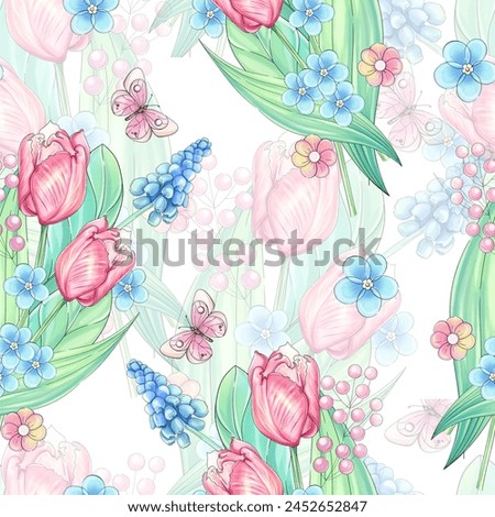 Seamless watercolor spring pattern for Mother's day. Hand draw garden ornament with tulips. Farming clip art in cartoon, romantic style. Springtime gardening design element for invitation, wedding