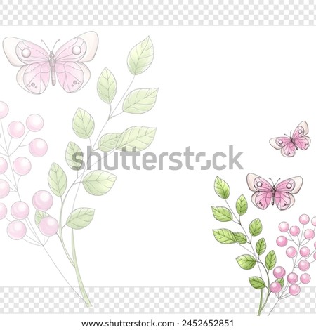 Watercolor spring template. Hand draw garden border with butterfly and branch . Farming clip art in cartoon, romantic style. Springtime gardening design element for invitation,  textile, greeting card